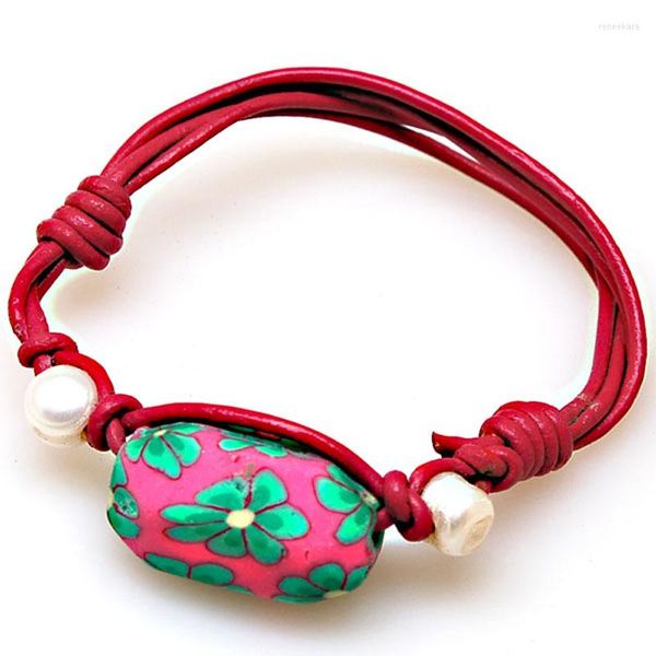 Strand Miasol cuir véritable Fuchsia argile fleur perles charme perle d'eau douce réglable femmes fille Bracelets pour cadeaux