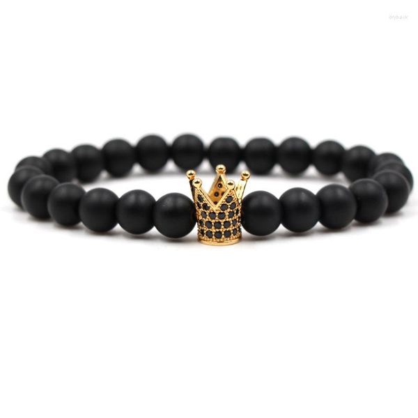 Strand Micro Pave Noir CZ Zircone Or-Couleur Roi Couronne Bracelet Hommes Mat Polonais Mat Pierre Perle Bracelets Pour Femmes Bijoux