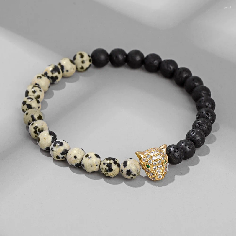 Strand Micro Pave CZ Leopard Head Men Bracelet Natural Stone Lava Beads Healing Balance Bracelets Yoga Jewelry Male Birthday Gifts