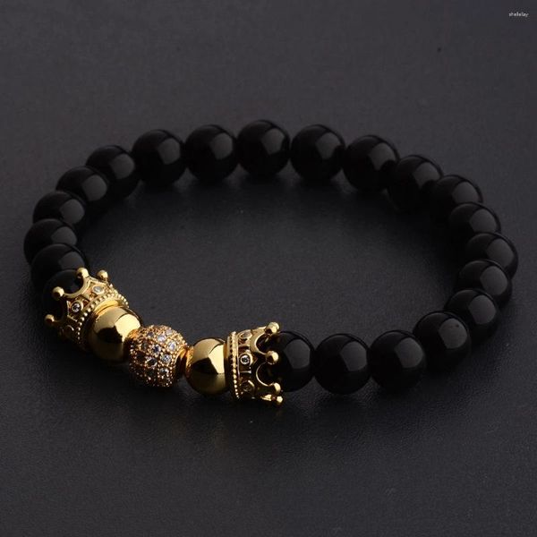 Pulsera con abalorio de barra de corona de circonio blanco para hombre, Micro pavé de hilo, joyería de mano de piedra negra, pulseras elásticas para hombre