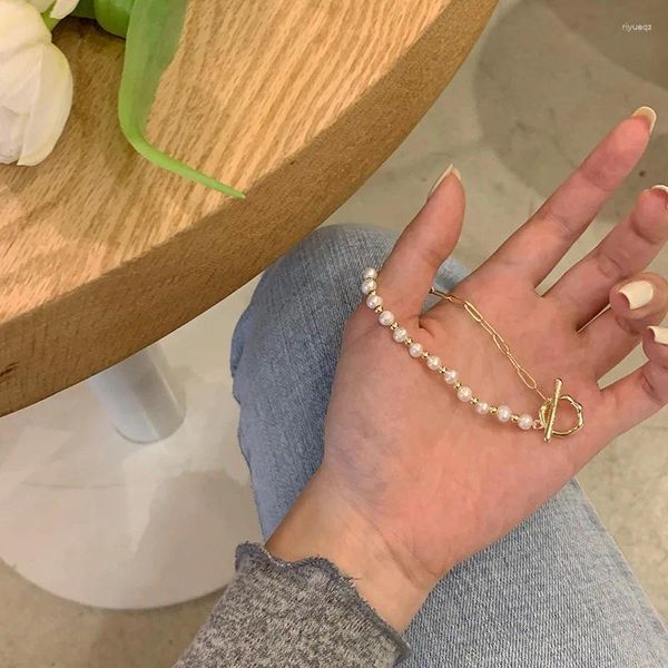 Strand Minar Fashion Coreano Agua dulce Pearl Suplete Hollow Link Chain Bracelets for Women 14k Accesorios de cobre chapados en oro real