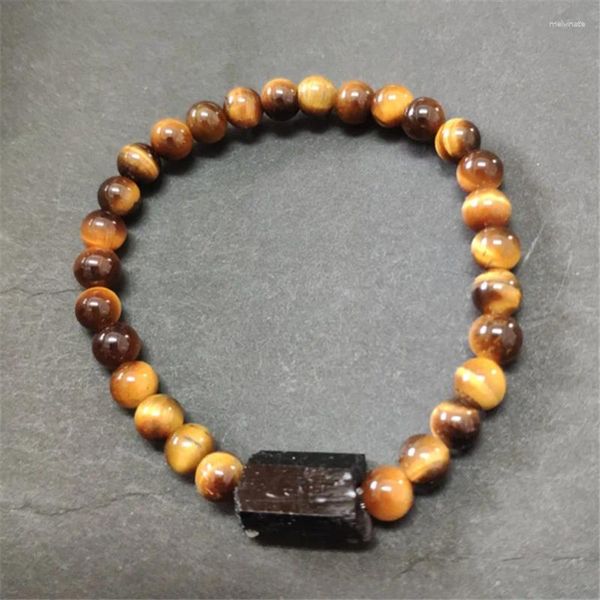 Hebra Mineral curativa redonda marrón Ojo de Tigre cuentas de piedra Natural negro crudo turmalina con cuentas hombre mujer pulseras al por mayor