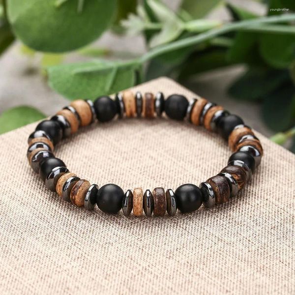 Pulseras Retro de piedra Natural de colores mezclados, joyería para hombres y mujeres, estilo étnico, cáscara de coco, Chip de madera, piedra biliar negra