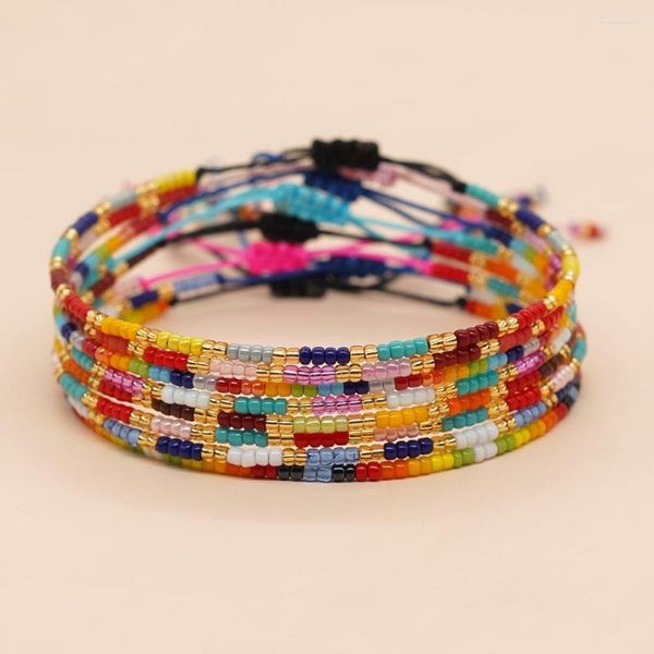 Pulsera trenzada con cuentas de arroz de colores mezclados, pulsera de cuerda ajustable de estilo bohemio para verano y playa, regalo de joyería