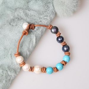 Brangle de perles en cuir authentique de couleur mélangée pour femmes pour les femmes Bouions en pierre bleue à la main Bracelet Bracelet Perle