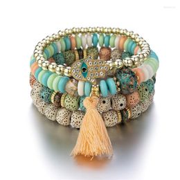 Pulsera con dijes de borlas bohemias para mujer y niña, joyería moderna de hebra, cuentas de resina elásticas multicapa de tendencia 2023