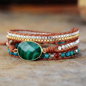 STRAND MULTI -STRANDS MALAChITE LEDERWACHTSCHAPPACTEN W/ NATUURLIJKE STEEN KINNEN kralen Bracelet Teengirls Boheemse sieraden Dropship