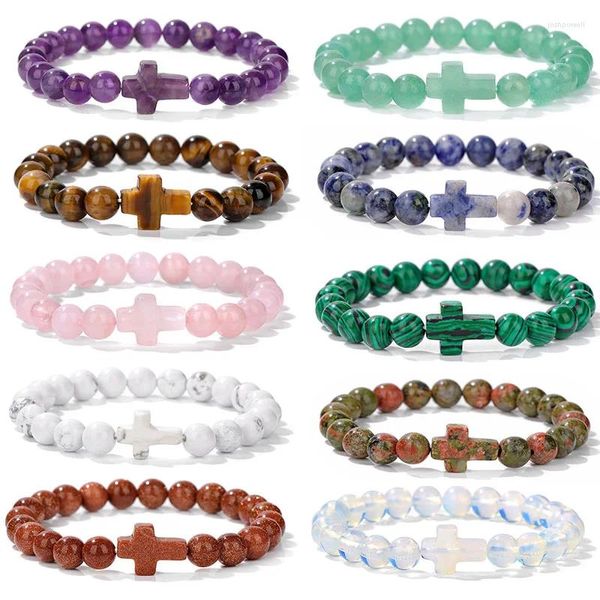 Strand multicolore pierre naturelle bracelet 8mm agates oeil de tigre malachite améthystes perles croix bracelets de charme femmes hommes bijoux cadeau