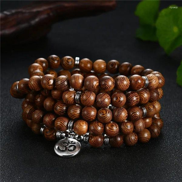 Stron Multicouche 108 Perles en bois Lotus Om Bracelet Tibétain Bouddhiste Mala Bouddha Charme Rosaire Yoga Yoga en bois pour femmes Bijoux