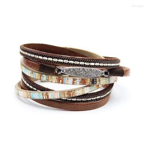 Bracelet multicouche en cuir tressé à larges bretelles pour femmes et filles, style Boho, fermoir magnétique, boîte cadeau