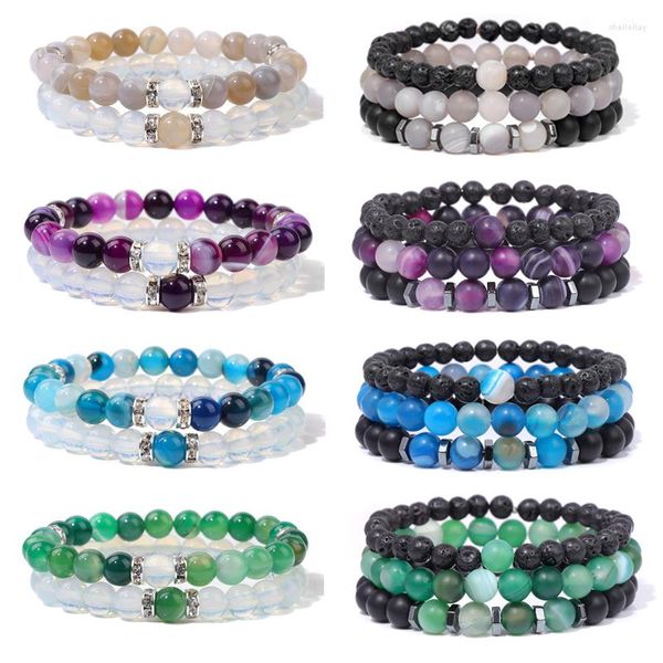 Pulseras de cuentas de ágatas a rayas multicapa para hombres y mujeres, pulsera elástica suelta hecha a mano con piedra Natural de ónix y Lava, joyería de amistad