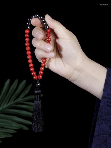 Pulsera musulmana de 33 cuentas con borlas de 8 mm de malaquita y oración de rosario de cuentas de pino rojo