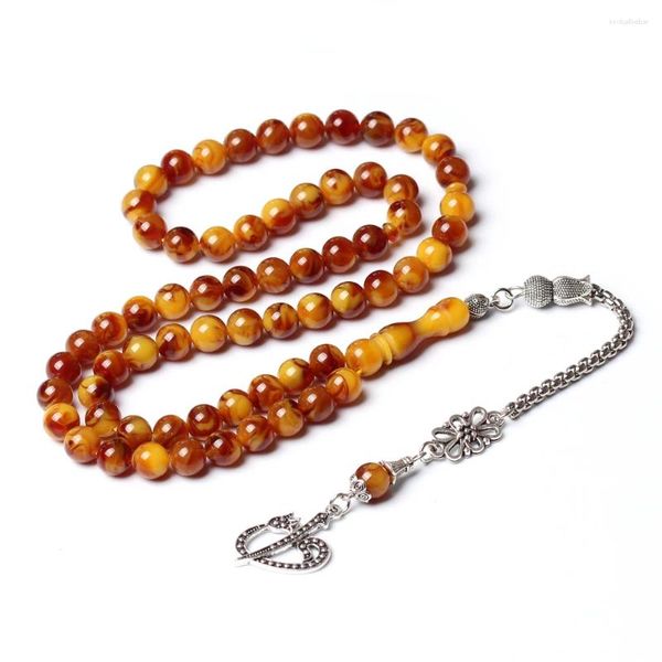 Rosario musulmán de hilo, cuentas de oración de ámbar de resina, 8mm, 66 Misbaha Islam Tasbih, regalo de Ramadán, borla de Metal chapada en plata, Tasbeeh