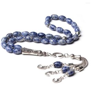 STRAND MUSLIM TASBIH Gebed Bead Natural Blue Jade Islamitische 33 Rosary kralen Bracelet Oval Maat 8 12mm Stone Eid Gift Fashion Misbaha