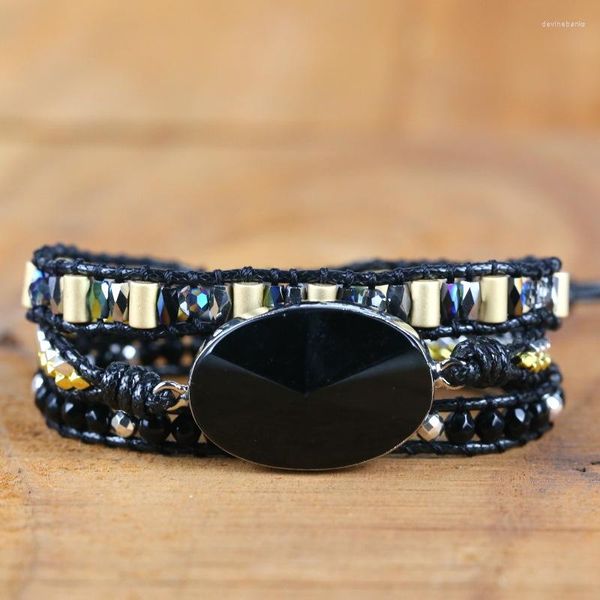 Bracelet en cuir de créateur d'inspiration autochtone, mélange d'onyx noir, 3 brins tissés, bijoux bohème, livraison directe, vente en gros