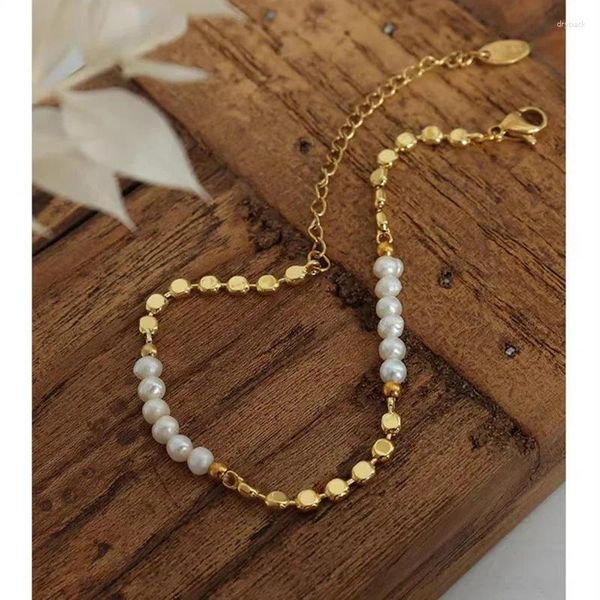 Strand natrual contas de pérola de água doce pulseira 18k banhado a ouro cubo irregular prata charme para mulher ajustável aniversário