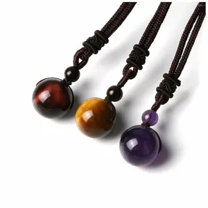Strand naturel 16mm oeil de tigre perles de pierre pendentif collier pour femmes hommes véritable ronde pierres précieuses colliers corde chaîne bijoux chanceux