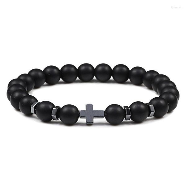 Brin Naturel 8mm Bois Perle Lave Mat Pierre Croix Élasticité Bracelet Méditation Prière Charme Hommes Femmes Yoga Bijoux