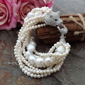 STRAND NATUURLIJKE 9 STRANDS WIT PEARL 4-11 mm Bracelet CZ Pave Leopard Head Clasp 8inches