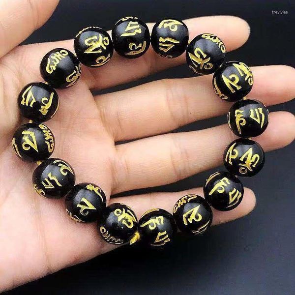 Strand Natural Advanced Light Luxury Black Agate Om Mani Padme Hum Buddha Beads Pulsera para hombres y mujeres