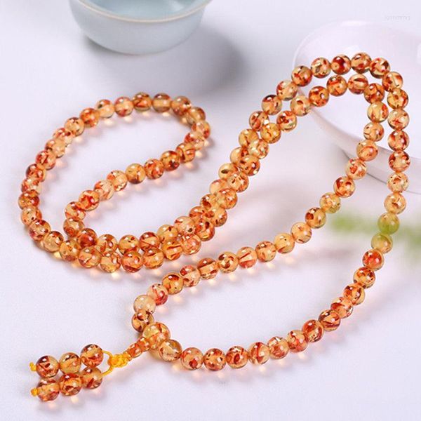 Strand Natural Baltic Flower Ambre Élastique 108 Perles Mala Bracelet Femmes Hommes Honey Wax Floral Ambre-perles Bracelets Perlés Bijoux Cadeaux