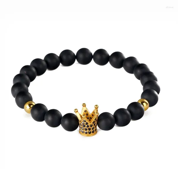 Brin naturel noir Bracelet mat Onyx pierre bracelets bijoux cadeau CZ couronne mâle incrusté breloque en Zircon Bracelets pour homme