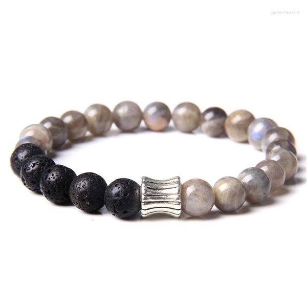 Hilo de piedra de Lava negra Natural, labradorita, prehnitas, pulsera de cuentas de cuarzo rutilado verde, regalos de joyería para hombre y mujer