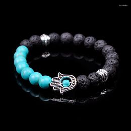 STRAND NATUURLIJKE ZWART LAVA STONE TURQUOISEBEADS Bracelet voor mannen Vrouwen rekken Fatima Hamsa Hand Charm Blue Eye Lucky Sieraden