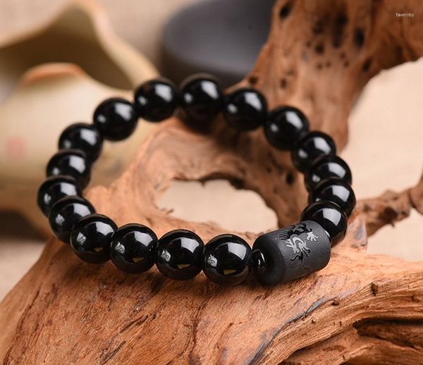 Hilo de pulsera de obsidiana negra Natural, cuentas budistas, joyería curativa de piedra de bendición con cuentas de moda Simple para hombres y mujeres, 10/12MM