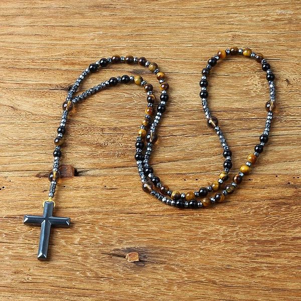 Strand Onyx noir naturel avec pierre d'oeil de tigre Bracelets chapelet du Christ catholique hématite croix pendentif hommes bijoux de méditation