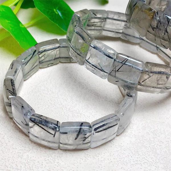 Strand Natural Black Rutiled Quartz Bangle Square Bead Crystal Healing Stone Joyería de moda Regalo 1pcs 14x16mm