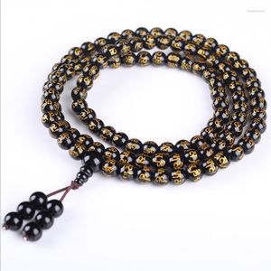 Brin naturel pierre noire 108 perles bronzant Six caractères Mantra Bracelet hommes femmes bouddhiste prière collier bracelets bijoux fins