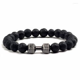 Brin Naturel Noir Volcanique Pierre De Lave Haltère Bracelet De Mode Mat Perles Bracelets Pour Femmes Hommes Pulseras Mujer Bijoux Femme