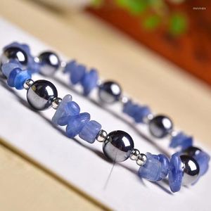 Bracelet en pierre précieuse de Kyanite bleue naturelle, brin de gravier, perles rondes Terahertz, extensibles, bijoux à breloques à la mode