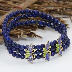 STRAND NATUURLIJKE BLAUWE LAPIS LAZULI 4 mm ronde kralen 3 rijen Meerlagige elastische armbanden Hoogwaardige geschenken cloinne spacers sieraden B2777