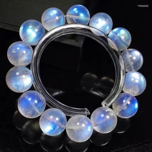 Strand Natural Blue Light Moonstone Bracelet 15mm Gran tamaño Clear Round Beads Mujeres Hombres