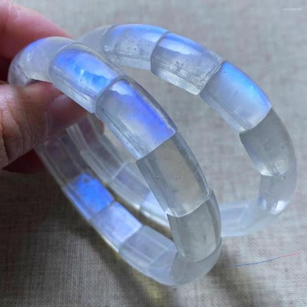 Strand Natural Blue Light Moonstone Clear Rectangle Beads Bracelet Bangle 14x9mm Stretch Mujeres Hombres Rare Flash Fashion Stone