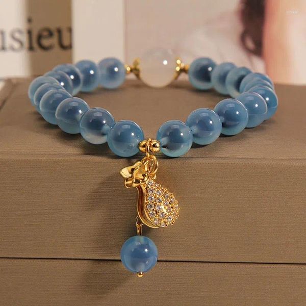 Pulseras de ágata de corazón de azúcar azul Natural para mujer, colgante de bolsa de dinero de alta gama, brazaletes con cuentas de cristal, joyería para fiesta de cumpleaños