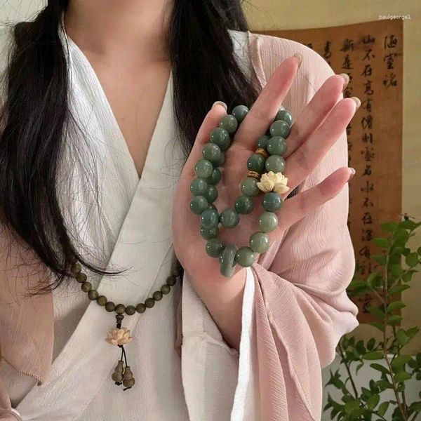 Hebra Natural de semilla de Bodhi, loto verde limón, dos círculos, cuentas de oración trenzadas a mano, joyería