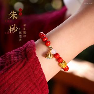 Bracelet porte-bonheur en cinabre naturel pour fille, perles, vent chinois, Lotus, sculpture, cadeau rétro, amitié, Boho