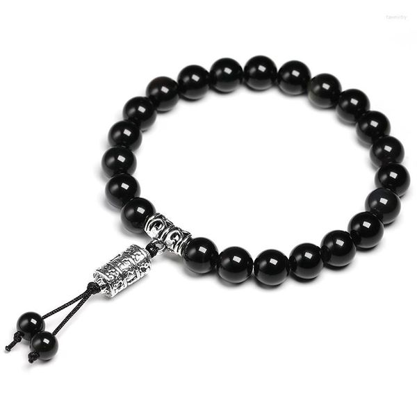 Hilo de piedra obsidiana de Color Natural, pulsera de cuentas hecha a mano, abalorio tibetano de Buda, pulseras de la suerte, brazaletes para mujeres y hombres, joyería