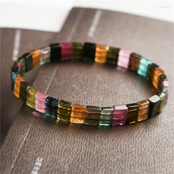 Strand Naturel Coloré Tourmaline Rectangle Perles Bracelet Bracelet Femmes Hommes Stretch Rouge Mode