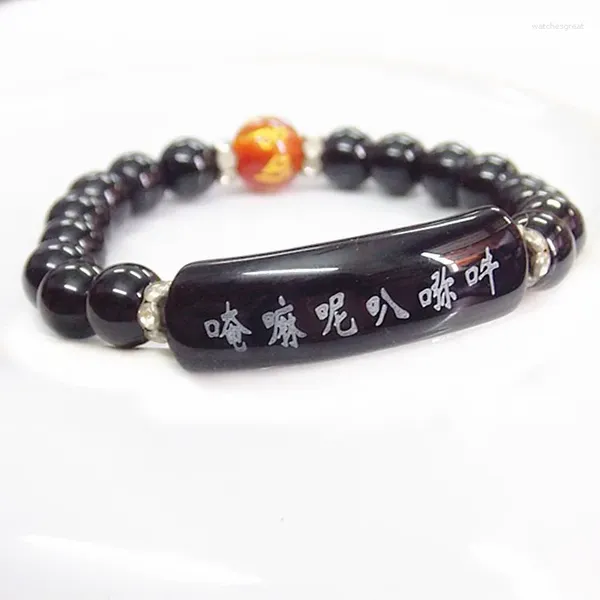 Bracelet Mala en cristal naturel pour femmes, brin de 8mm, perles d'écriture en obsidienne, prière de bouddha tibétain, bijoux bouddhistes