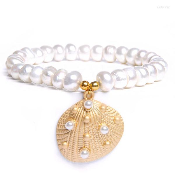 Strand Naturel Perle D'eau Douce Bracelets Pour Femmes En Métal Conque Shell Charme Bracelet Stretch Corde Mer Plage À La Main Femme Bijoux Cadeau