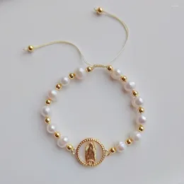 Strand naturel perle d'eau douce vierge marie bracelet à breloques corde réglable Pulseras fournisseur de bijoux chrétiens