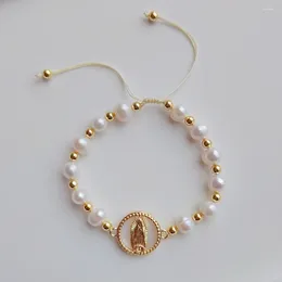 Strand Natuurlijke Zoetwaterparel Maagd Maria Bedelarmband Verstelbare Touw Pulseras Christelijke Sieraden Leverancier