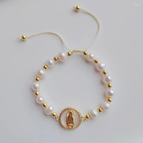 Hebra de perlas naturales de agua dulce, pulsera con dije de la Virgen María, Pulseras de cuerda ajustable, proveedor de joyería cristiana