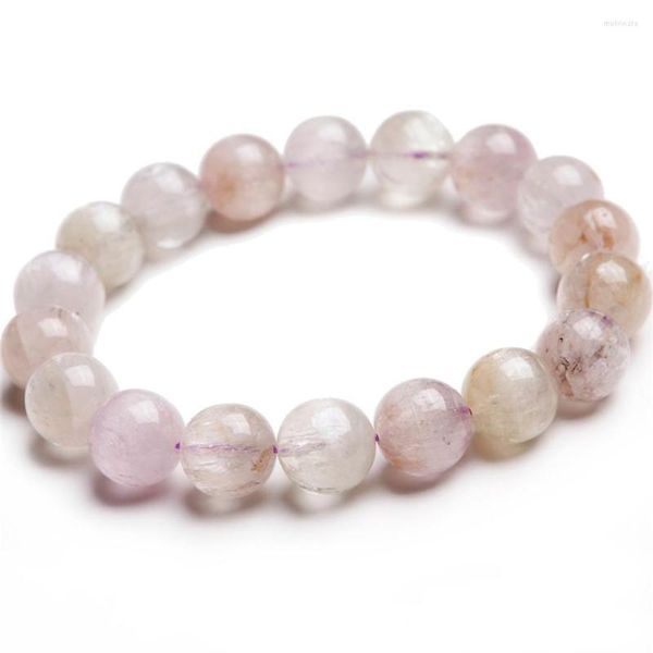 Brin naturel véritable Kunzite pierre gemme cristal perles rondes Bracelet bijoux breloque extensible pour les femmes 12mm