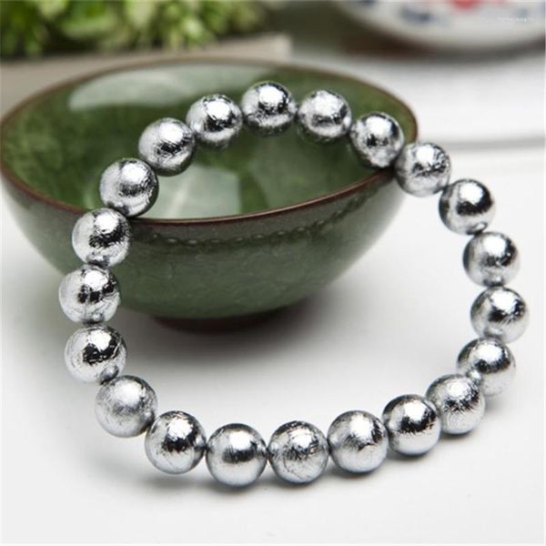 Strand Naturel Gibeon Fer Météorite Bracelet Argent Plaqué Perles Rondes 8mm Véritable Véritable Femme Hommes Mode