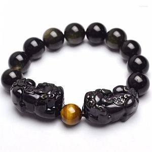 Strand Natural Golden Sheen Obsidian Bracelet Double Pixiu Chinese Fengshui Jewelry For Women Men Gift
